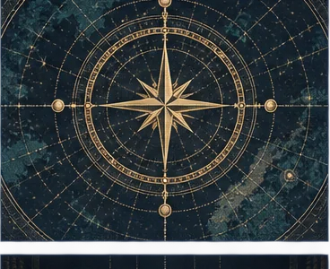 A golden compass and star chart evoke the search for a cosmic origin