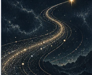 A star traces a fine luminous path across a dark sky