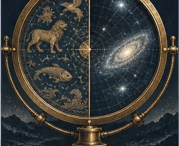 A classical telescope places a star chart beside the observed night sky