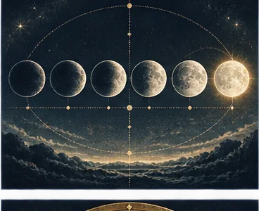 Six moon phases unfold from shadow to light along a single golden path