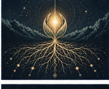 A glowing seed extends golden, root-like trails into the cosmos