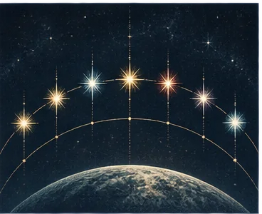A row of stars in different hues follows a curved orbit above the horizon