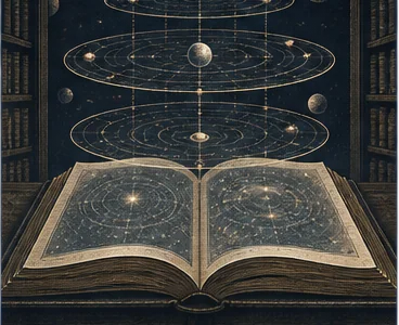 An open celestial guide displays concentric orbital paths and civilization coordinates