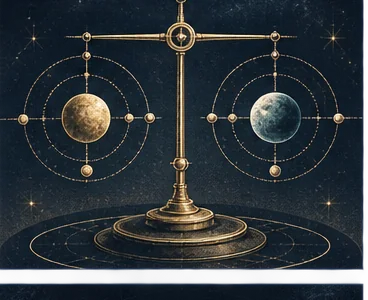 Two balanced star trails circle golden and teal celestial bodies