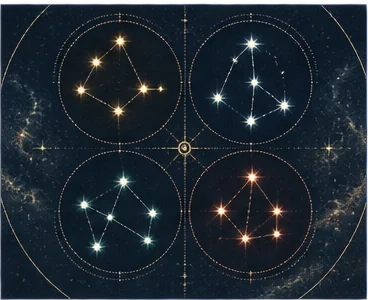 Four differently colored star clusters form a galactic civilization map