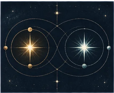 Two differently colored stars move along intersecting but separate orbits