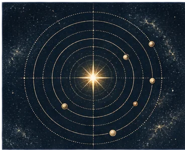 A golden star sits inside delicate orbital rings on a deep-blue star chart